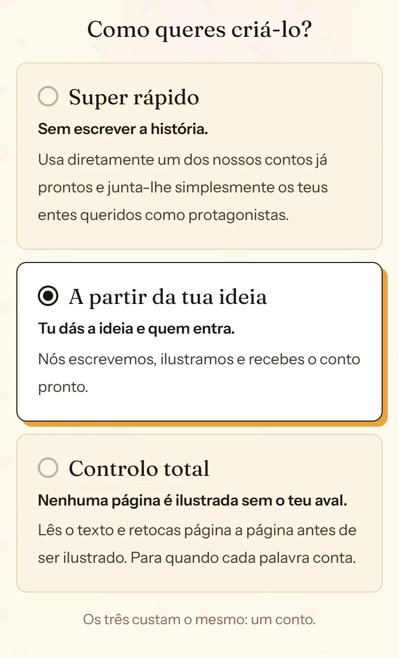 Ecrã «Como queres criá-lo?» do cuentosIA com os cartões Super rápido, A partir da tua ideia e Controlo total