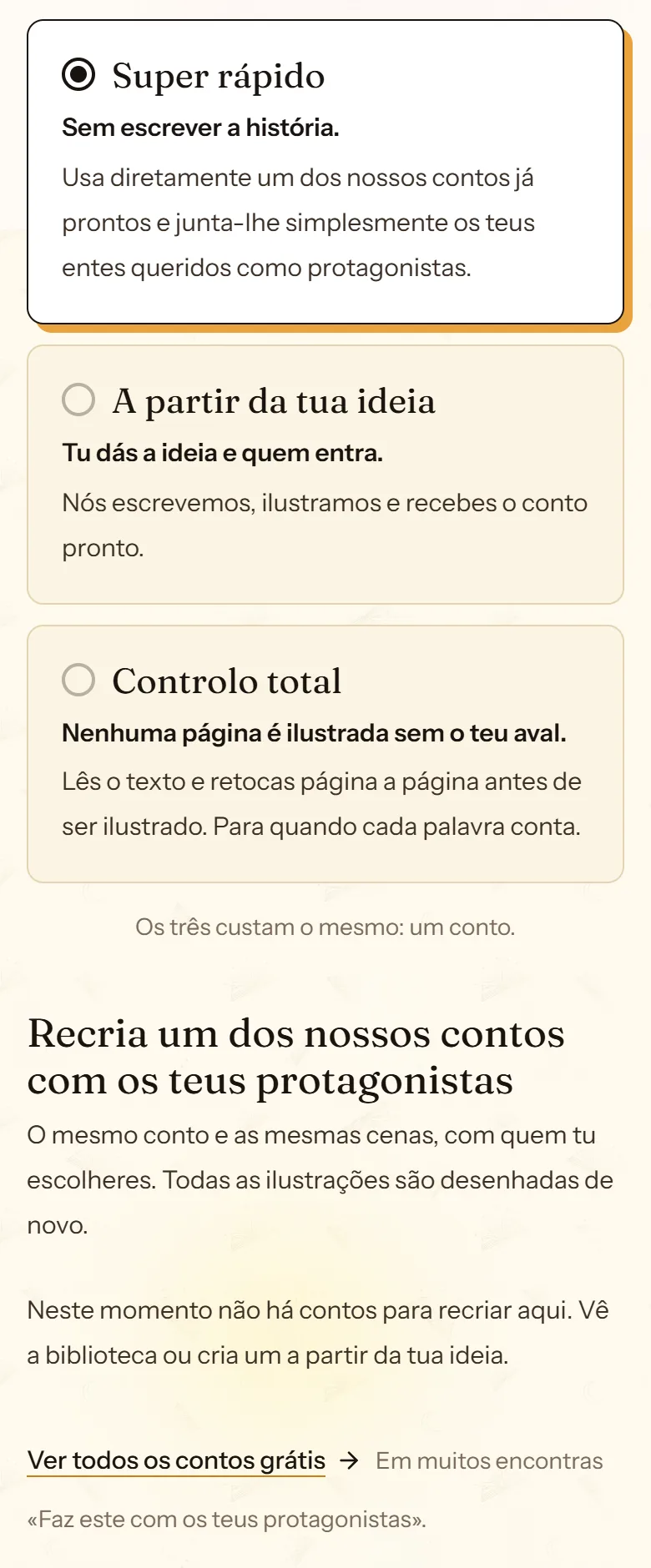 Painel do modo Super rápido do cuentosIA, que em português ainda não tem contos para recriar
