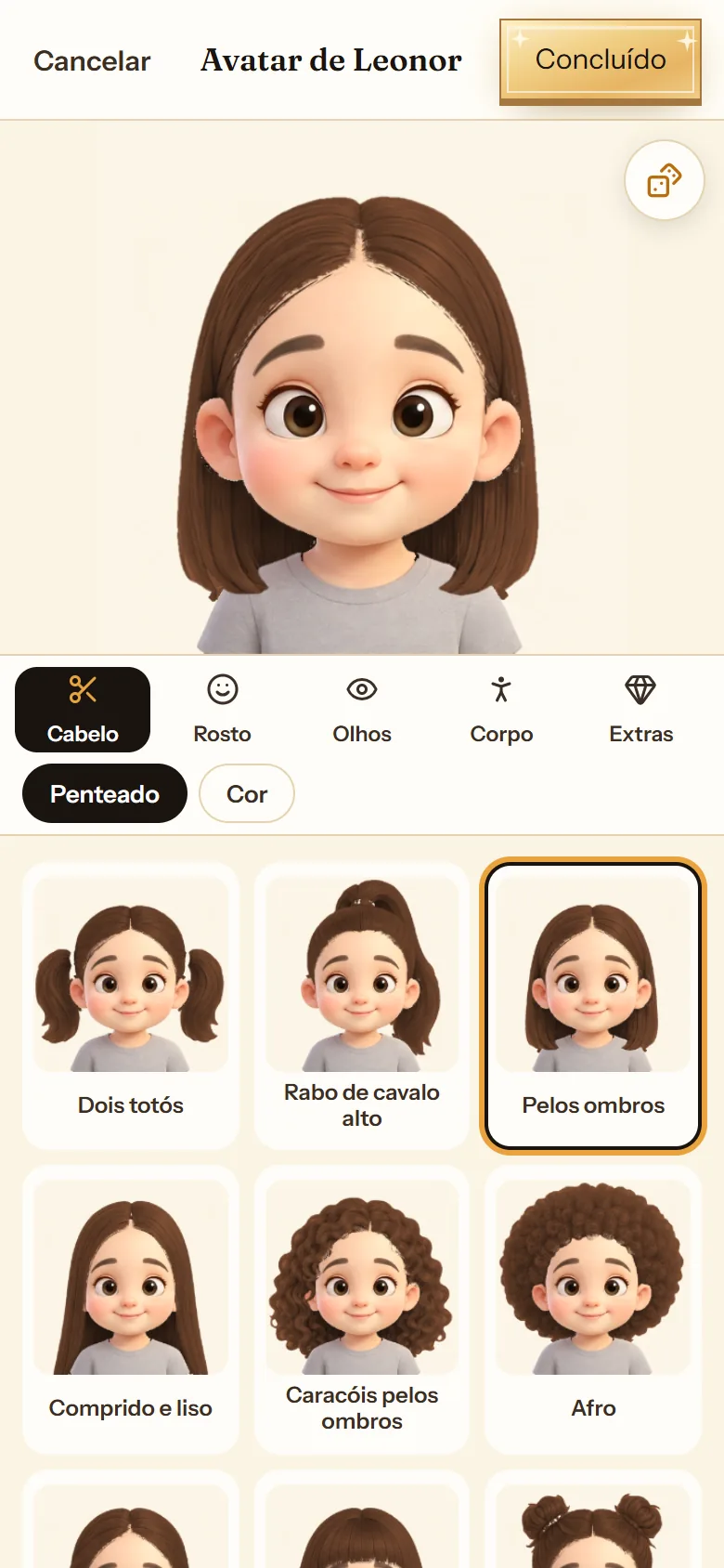 Criador de avatar 3D do cuentosIA com as opções de cabelo, rosto, olhos e acessórios