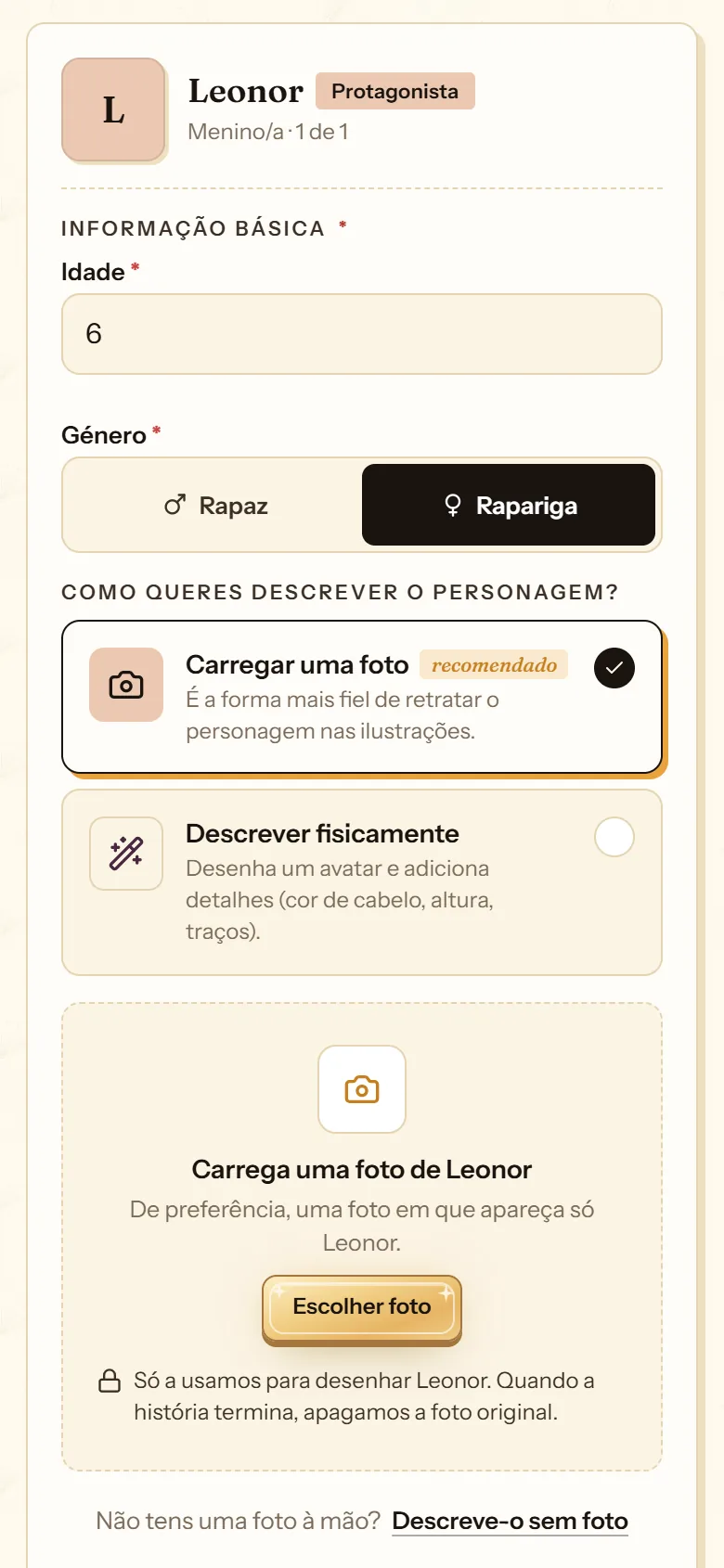 Ficha de uma personagem com a opção recomendada Carregar uma foto e a zona para escolher a foto