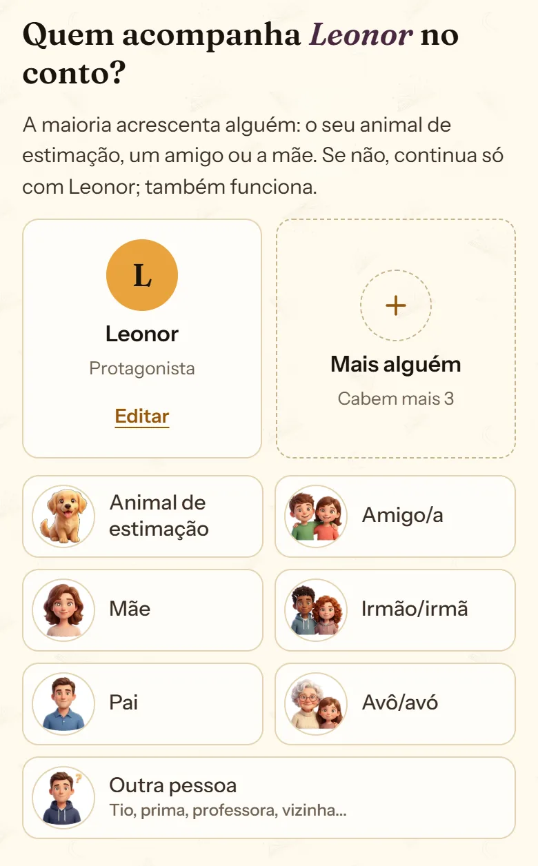 Ecrã das personagens do cuentosIA com o protagonista e os atalhos para juntar quem o acompanha