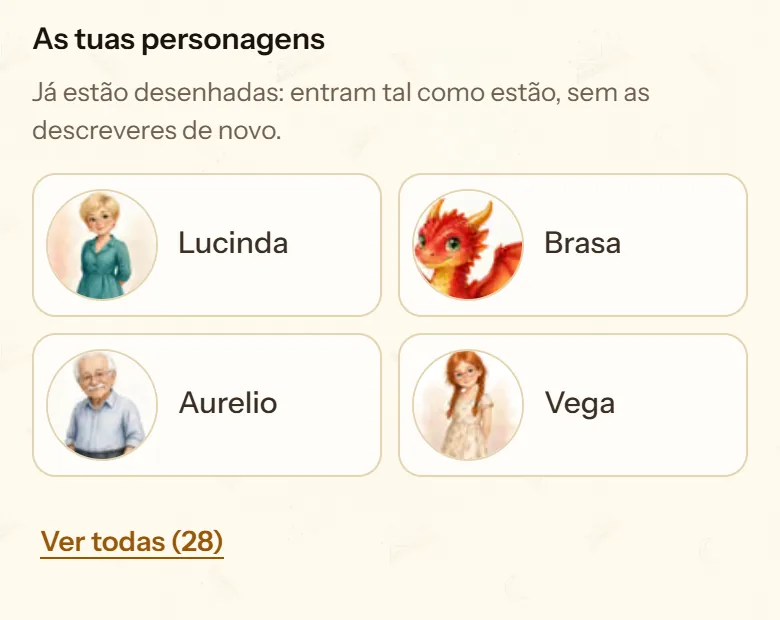 Lista «As tuas personagens» com personagens já desenhadas noutros contos