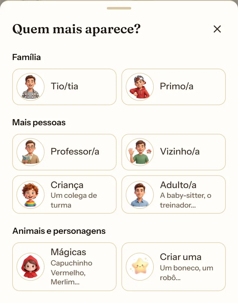 Folha «Quem mais aparece?» com os grupos Família, Mais pessoas e Animais e personagens