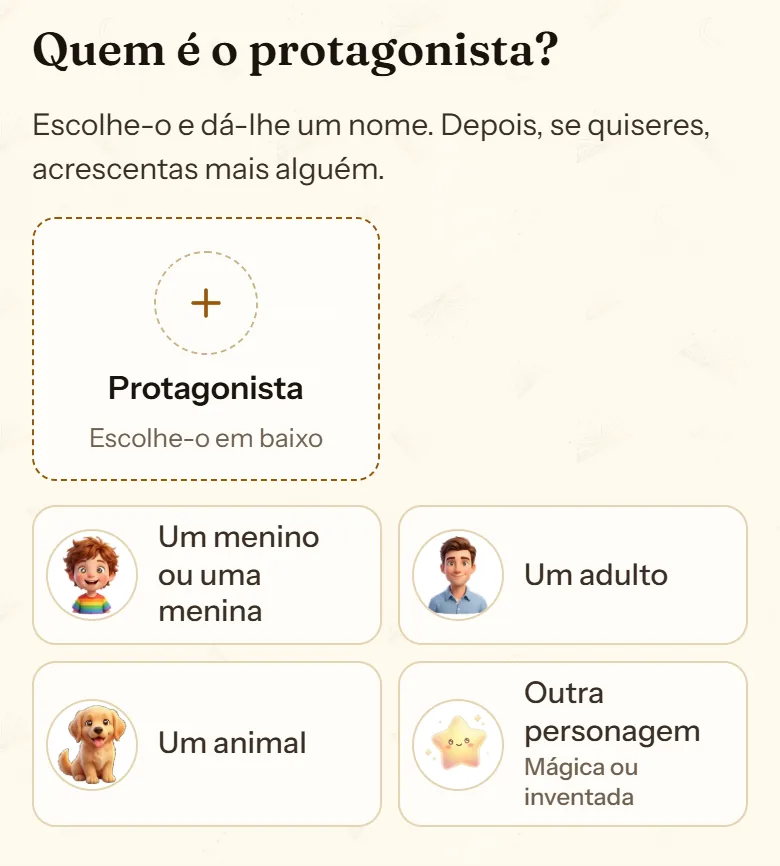 Pergunta «Quem é o protagonista?» com as opções Um menino ou uma menina, Um adulto, Um animal e Outra personagem