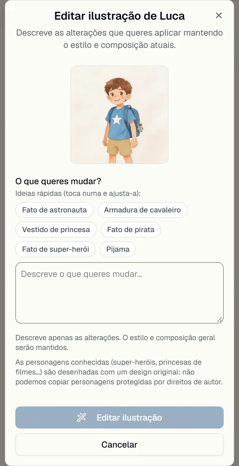Painel para editar a ilustração de uma personagem com ideias rápidas de fatos e disfarces