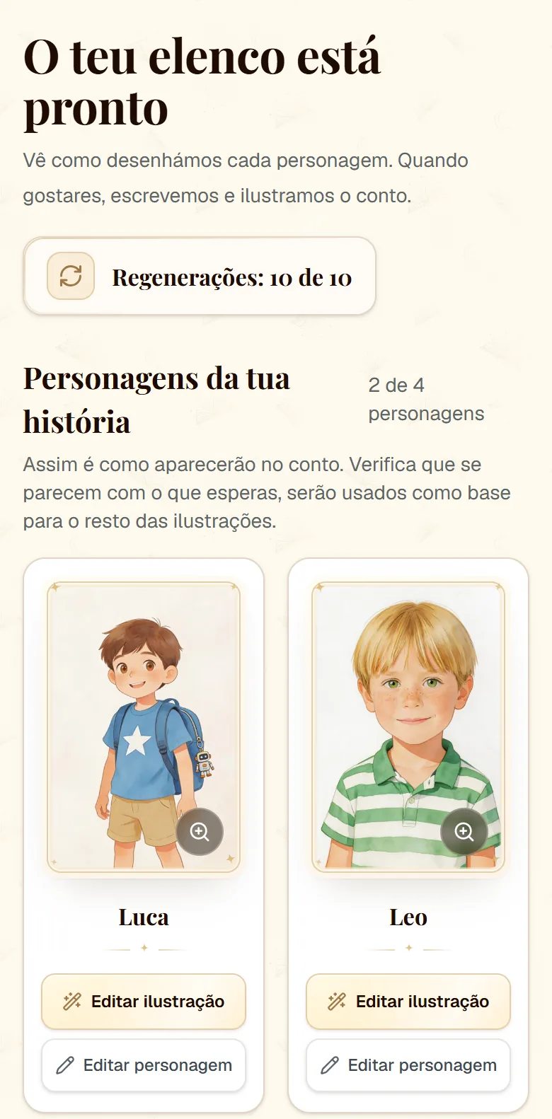 Ecrã «O teu elenco está pronto» com os retratos ilustrados do Luca e do Leo antes de criar o conto