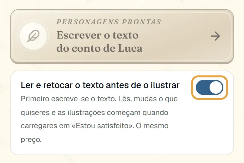 Interruptor «Ler e retocar o texto antes de o ilustrar» ligado no ecrã dos retratos do cuentosIA