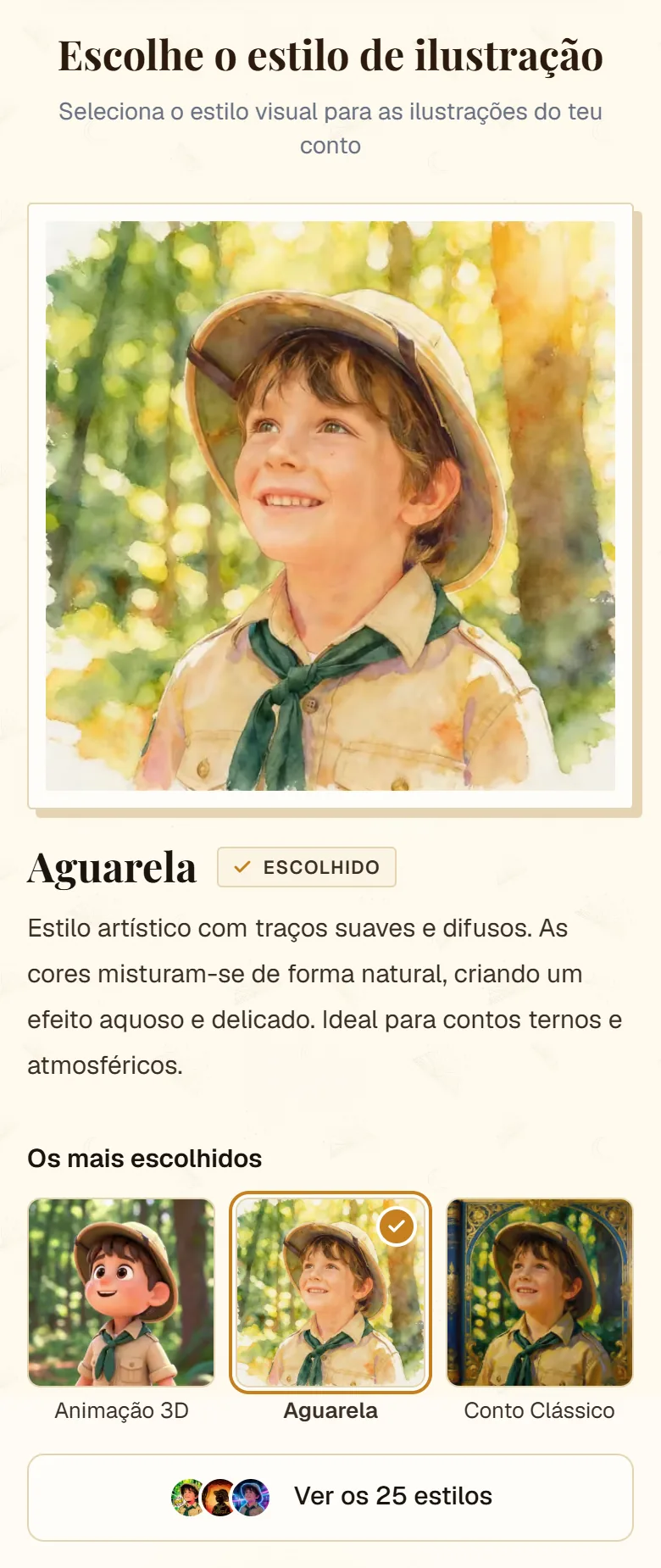 Seletor de estilo de ilustração do cuentosIA com os três mais escolhidos e o resto agrupado por ambiente