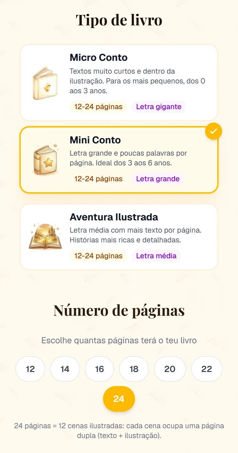 Cartões de tipo de livro Micro Conto, Mini Conto e Aventura Ilustrada, e o número de páginas de 12 a 24