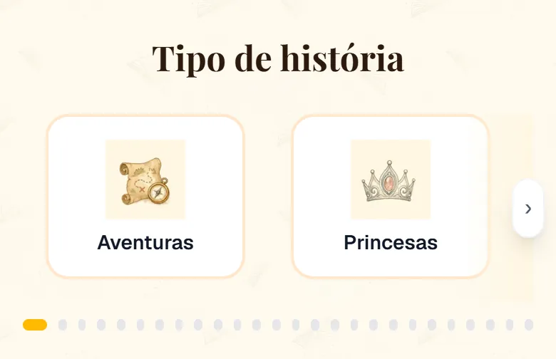 Temas do conto narrativo no cuentosIA, como Aventuras, Princesas, Dinossauros ou Para dormir