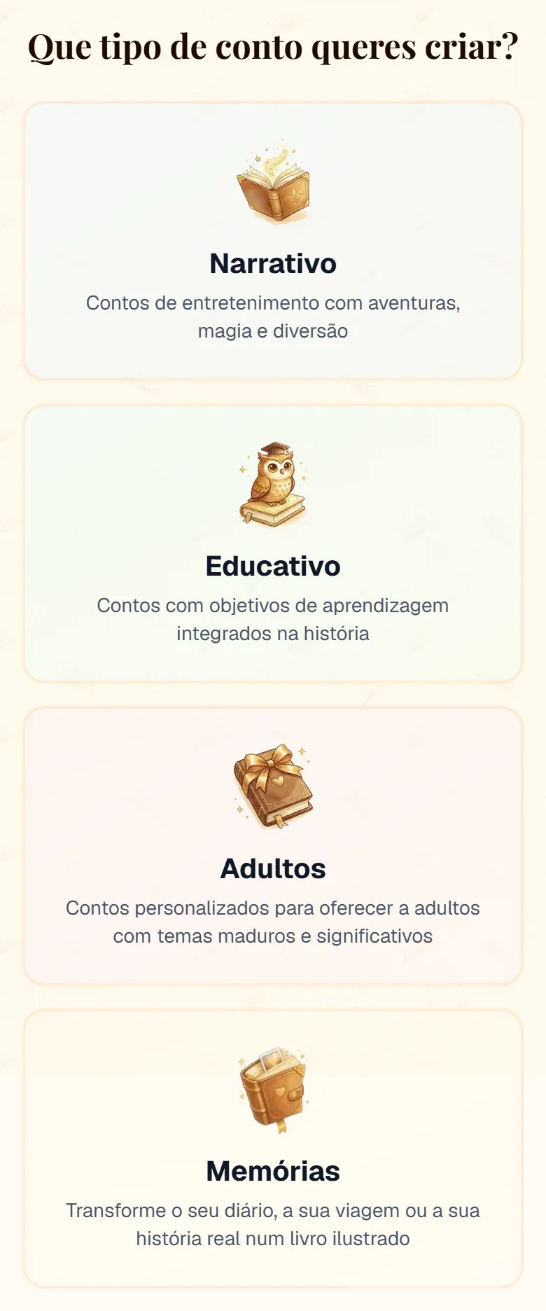 Os quatro cartões de tipo de conto no cuentosIA: Narrativo, Educativo, Adultos e Memórias