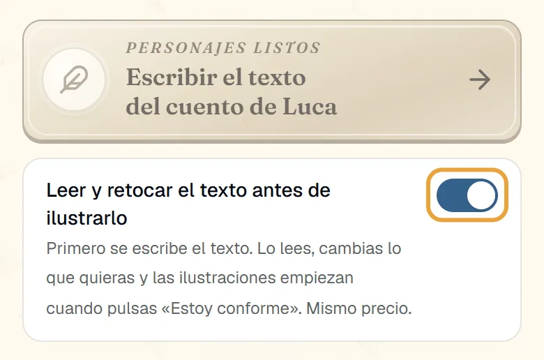 Interruptor «Leer y retocar el texto antes de ilustrarlo» activado en la pantalla de los retratos de cuentosIA