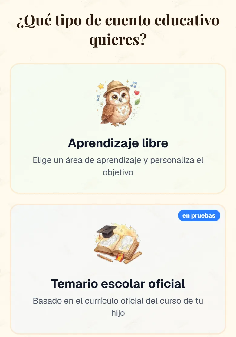 Pregunta «¿Qué tipo de cuento educativo quieres?» con Aprendizaje libre y Temario escolar oficial