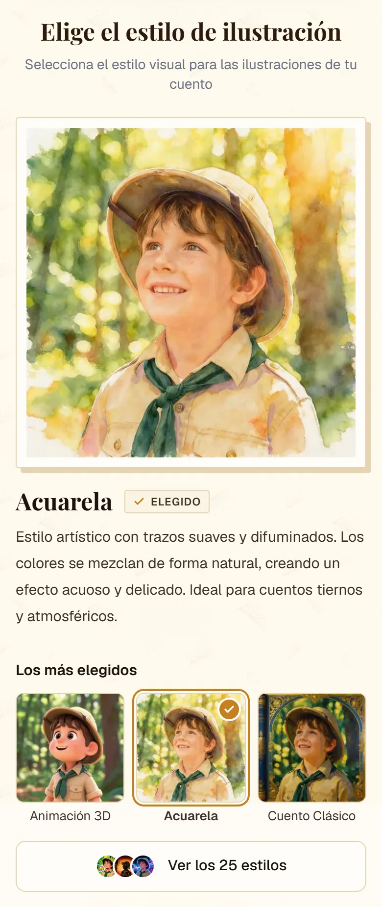 Selector de estilo de ilustración de cuentosIA con los tres más elegidos y el resto agrupado por ambiente