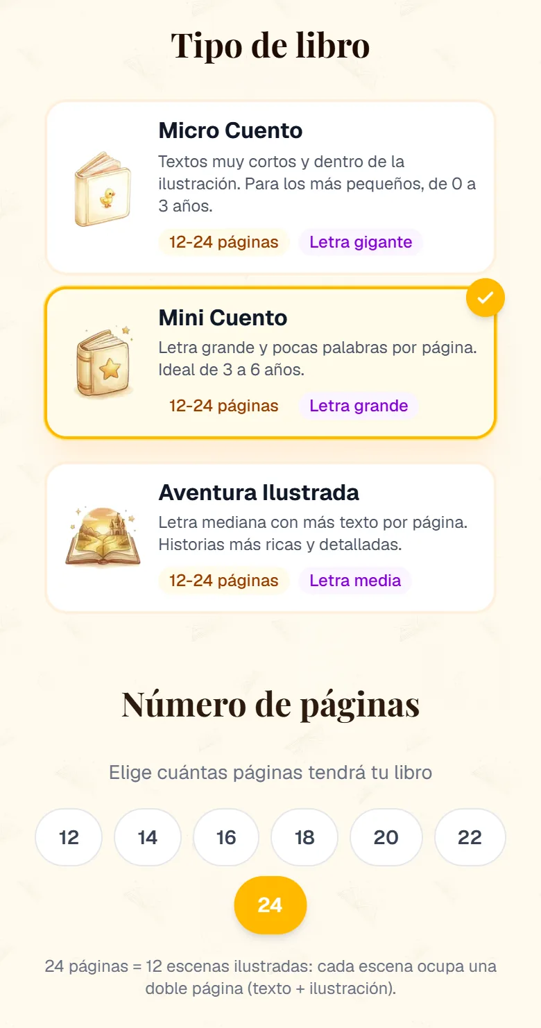 Tarjetas de tipo de libro Micro Cuento, Mini Cuento y Aventura Ilustrada, y el número de páginas de 12 a 24