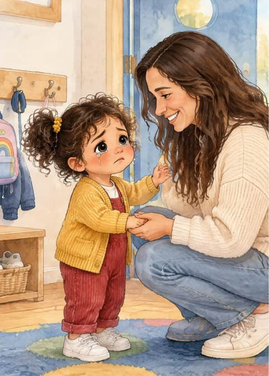 Alma llora en la guardería mientras su mamá, agachada, le sostiene la mano para despedirse
