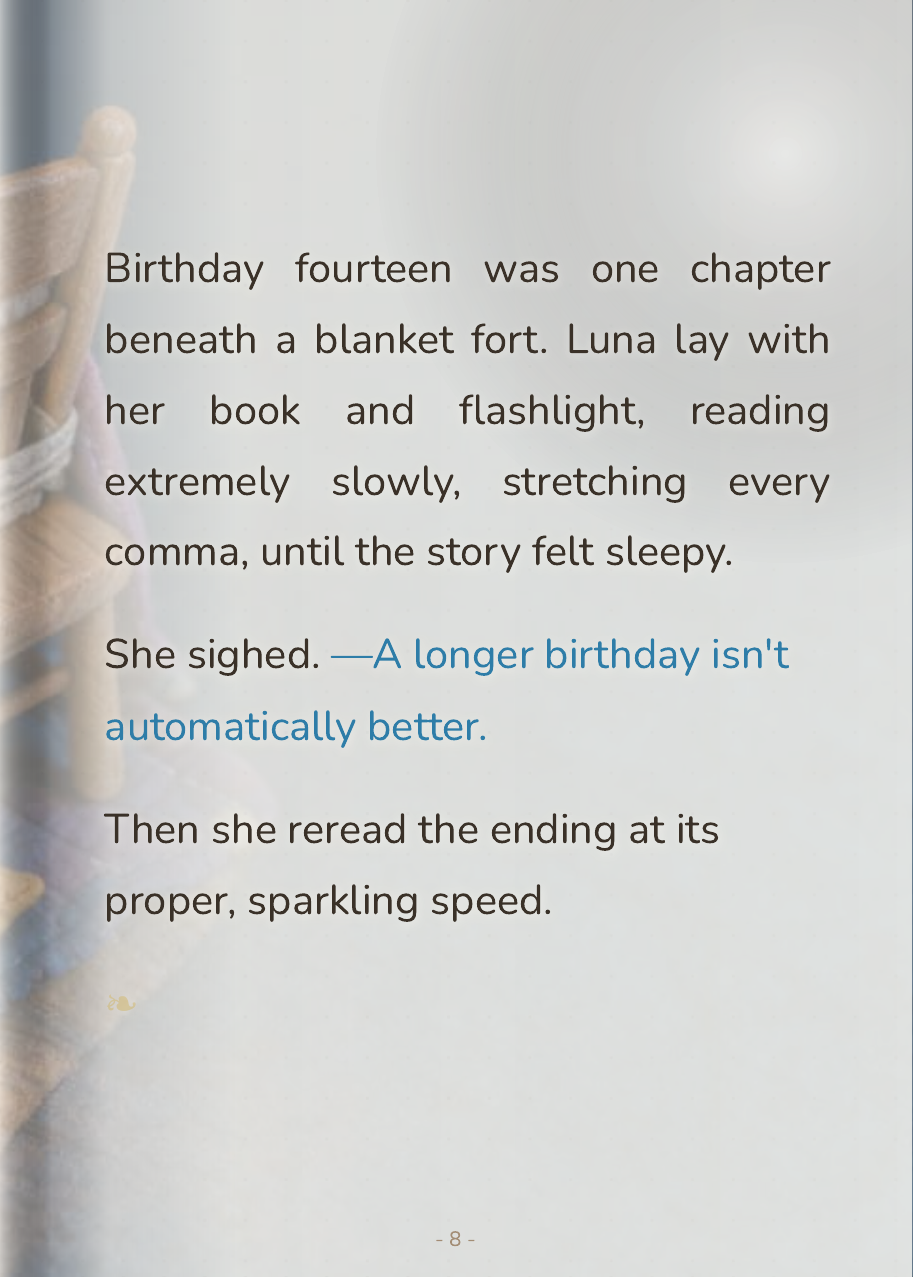Luna tracing her name with her fingertip across the frosted kitchen window at cold blue dawn