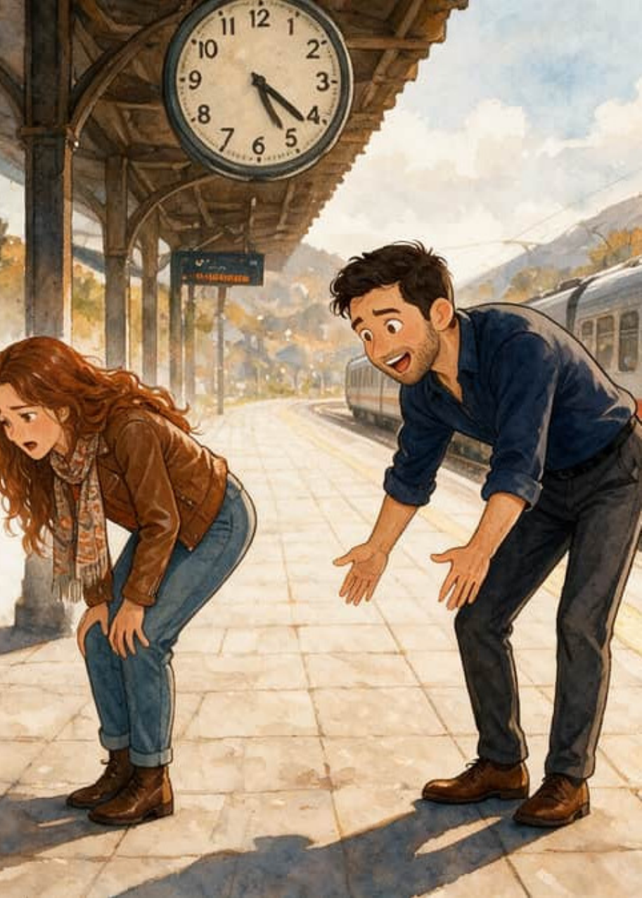 Amir y Elena sin aliento en el andén bajo el reloj de la estación mientras el tren se aleja