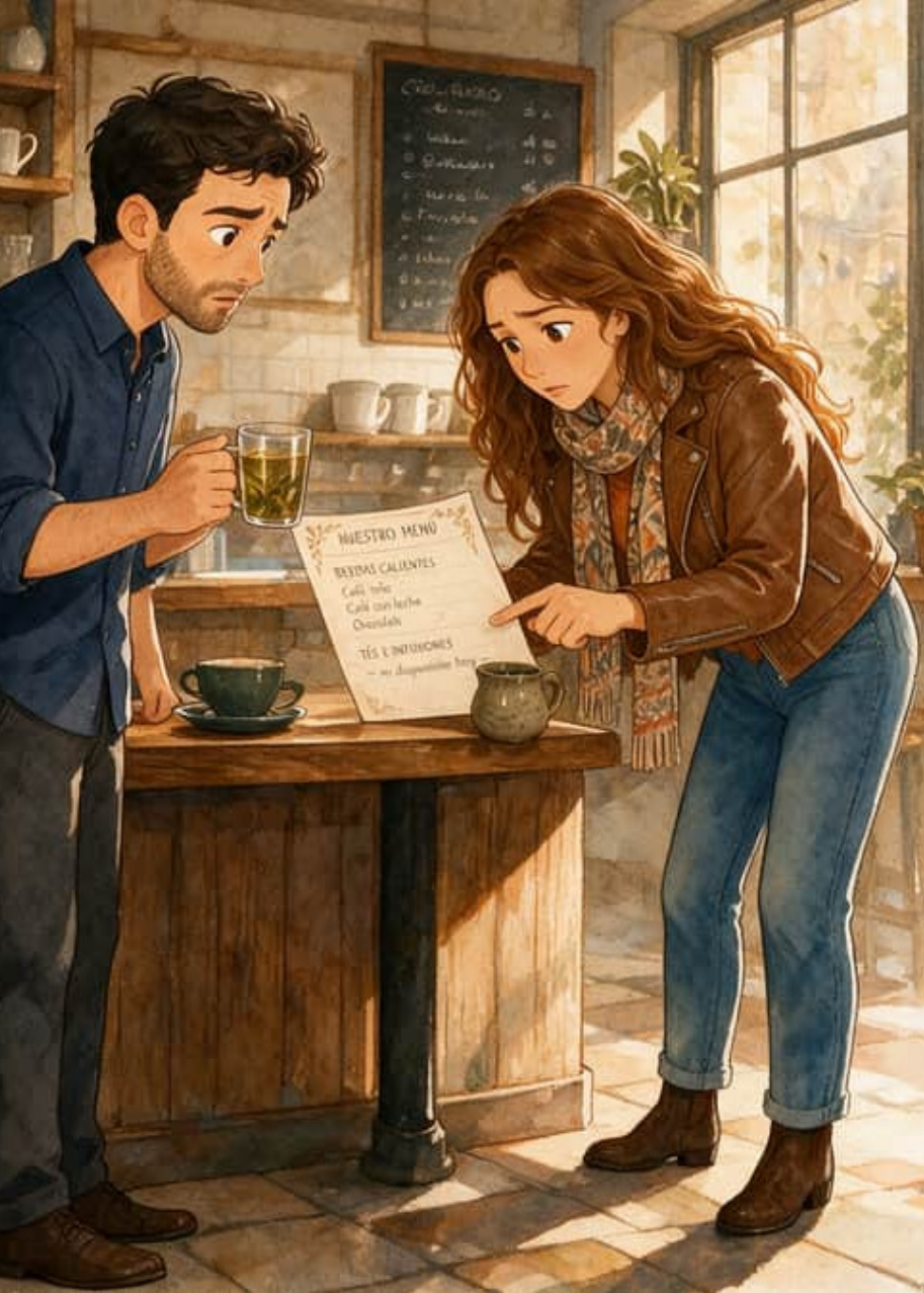 Elena señala la carta del bar mientras Amir sostiene una infusión dudosa en el primer café repetido del año
