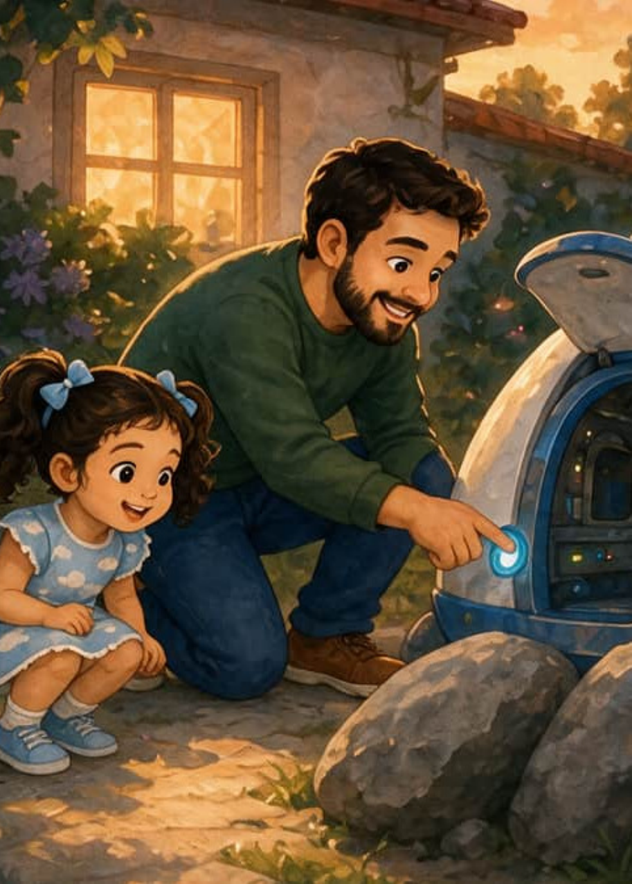 Bruna y su papá agachados junto a la pequeña nave espacial escondida entre piedras al lado de casa