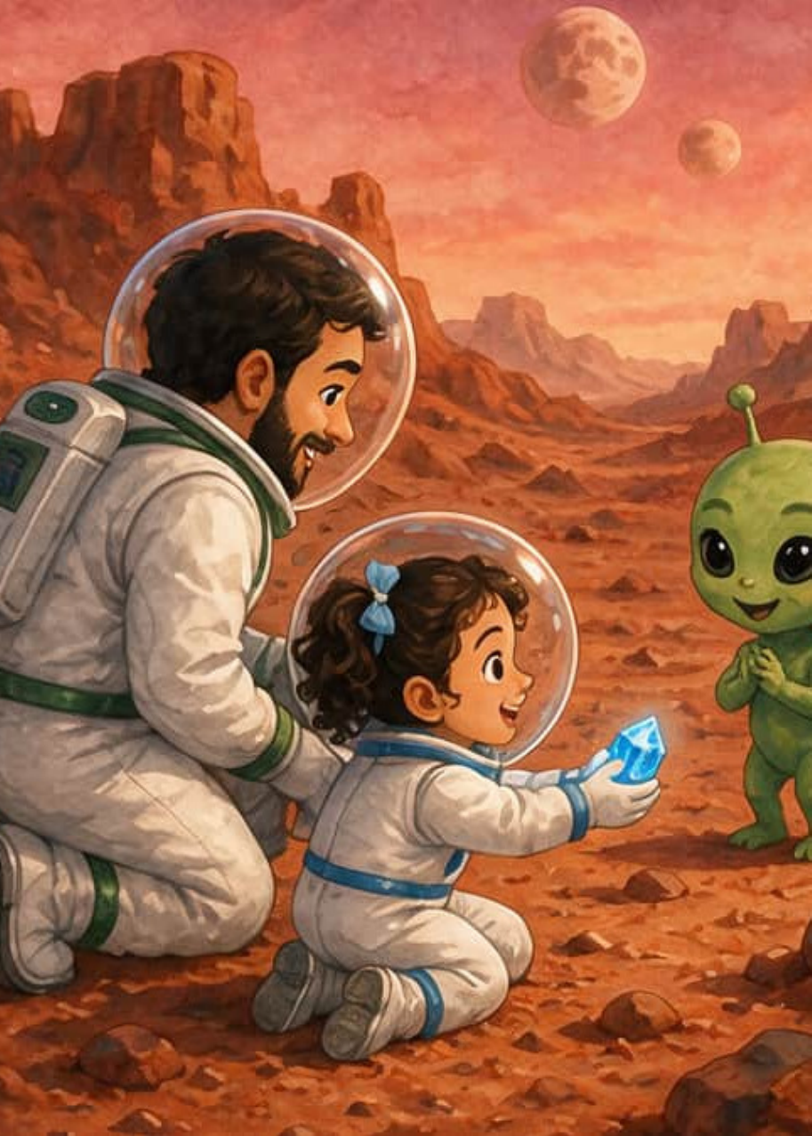 Bruna y su papá con trajes espaciales frente a un pequeño extraterrestre verde en el suelo rojo de Marte