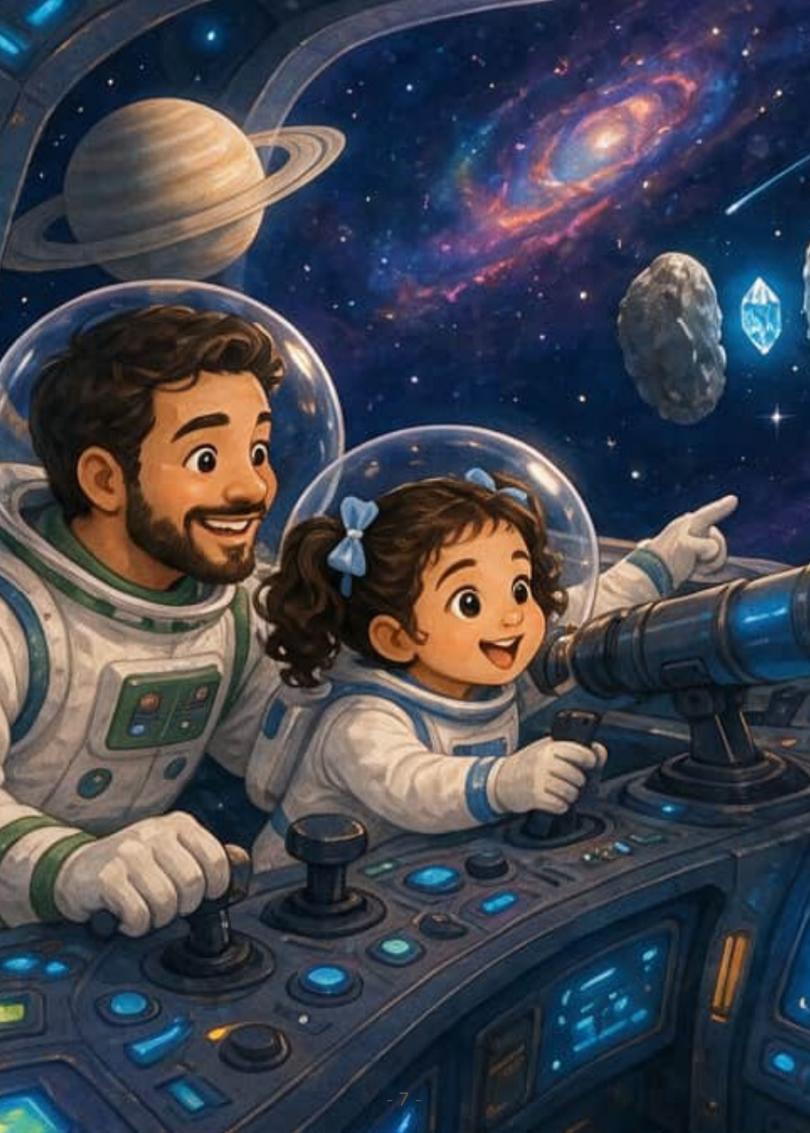 Bruna mira por el telescopio desde la cabina de la nave mientras su papá pilota entre planetas y anillos de colores