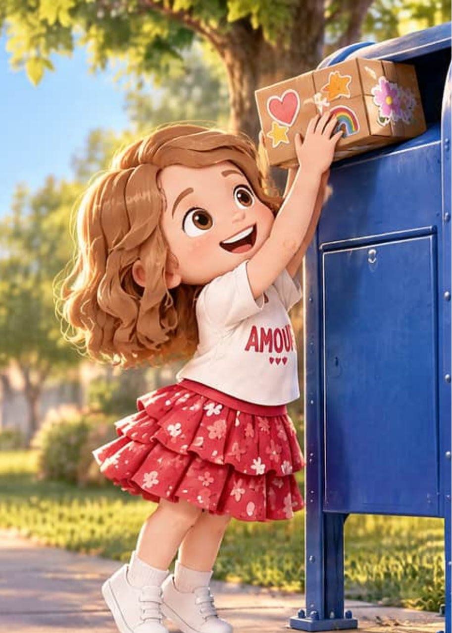 Larita stands on tiptoe on a sunny street, pushing her heart-and-star sticker box into a big blue mailbox.