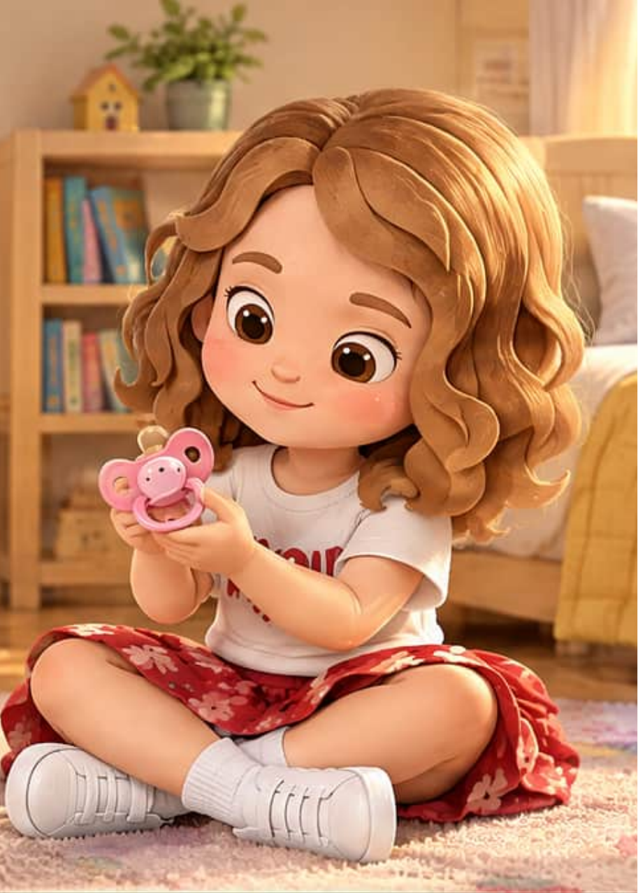 Larita, with long wavy hair, sits cross-legged on her bedroom rug holding her pink pacifier in both hands and smiling at it.