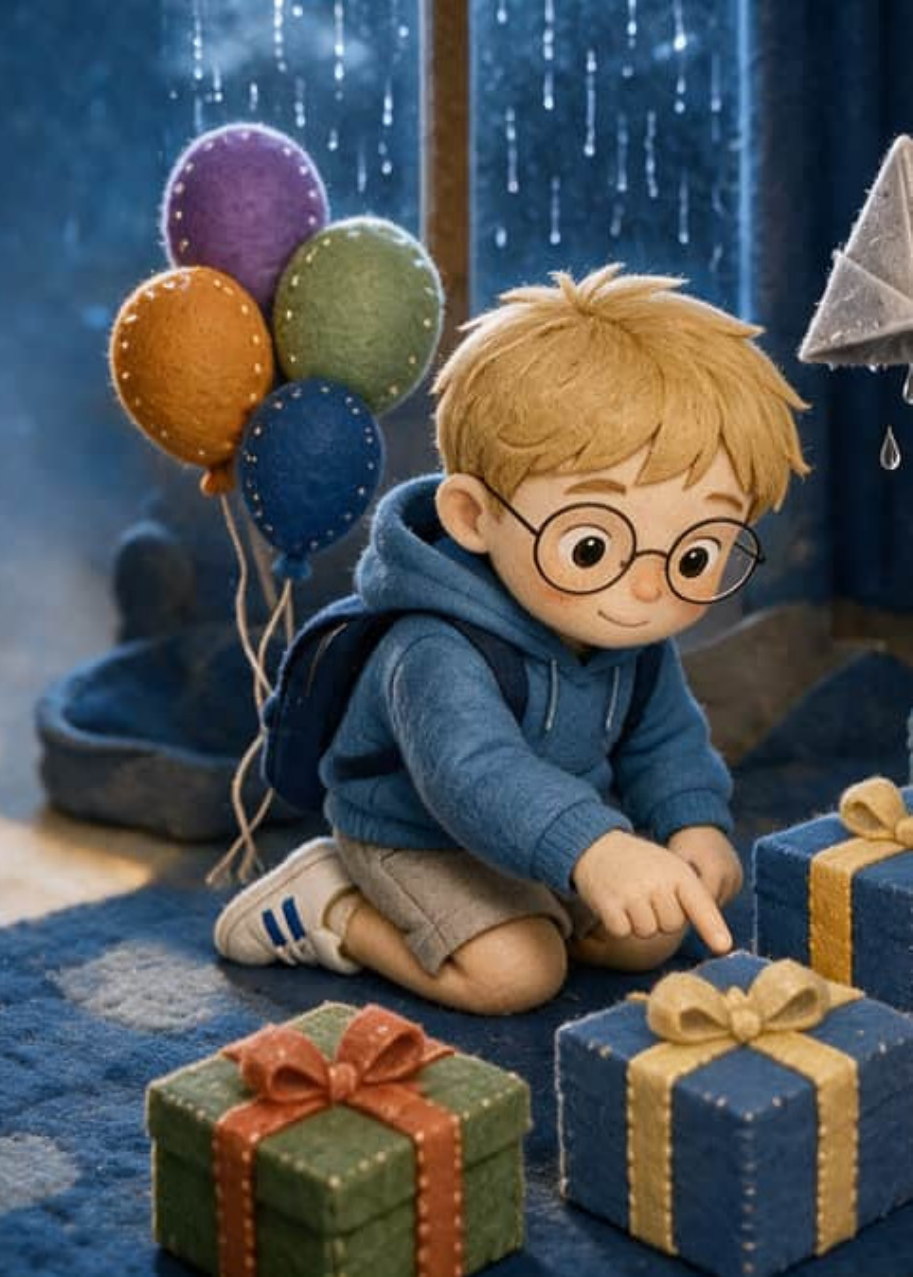 Iván sentado en el sofá del salón con los brazos cruzados, mirando los regalos mientras llueve en la ventana