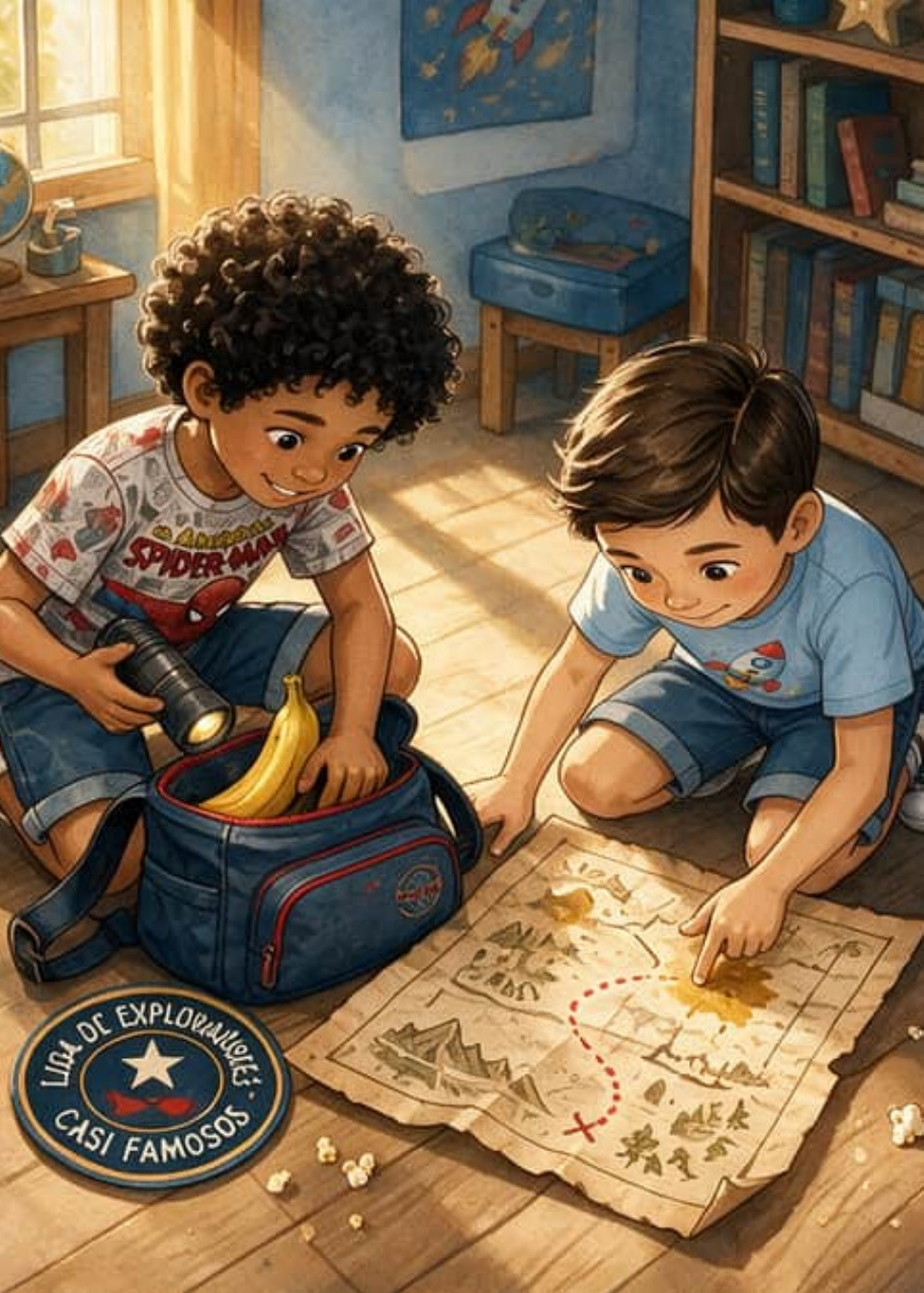 Elías y Luciano estudian sobre el suelo el mapa manchado junto a la mochila, la linterna y la insignia de explorador