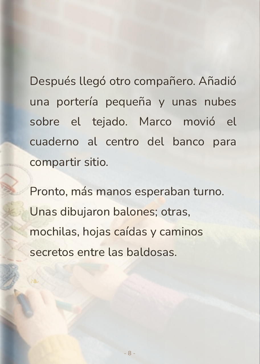 Varios niños se turnan para añadir dibujos de balones, mochilas y nubes al cuaderno de Marco