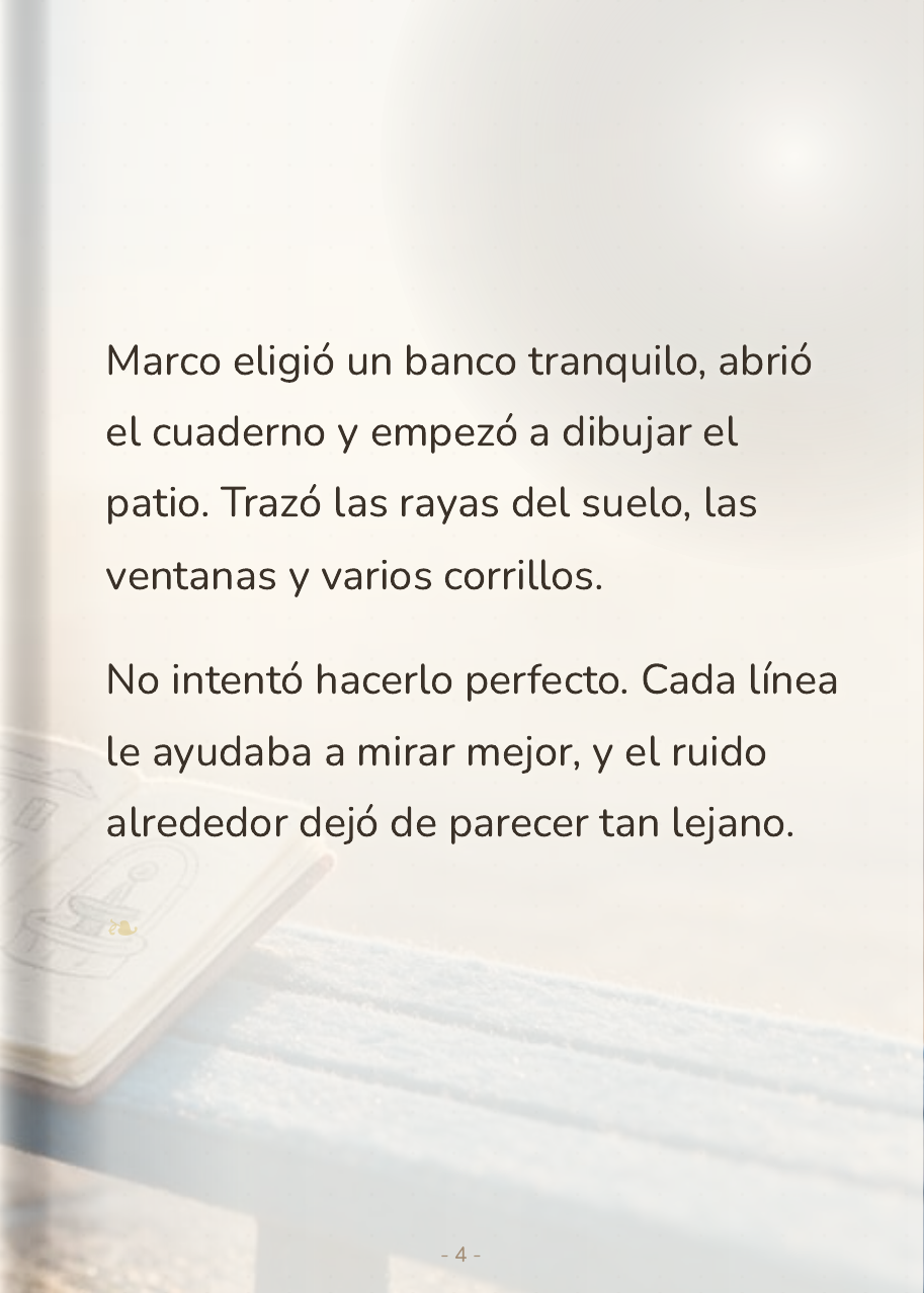 Marco, sentado solo en un banco del patio, dibuja su colegio nuevo en el cuaderno