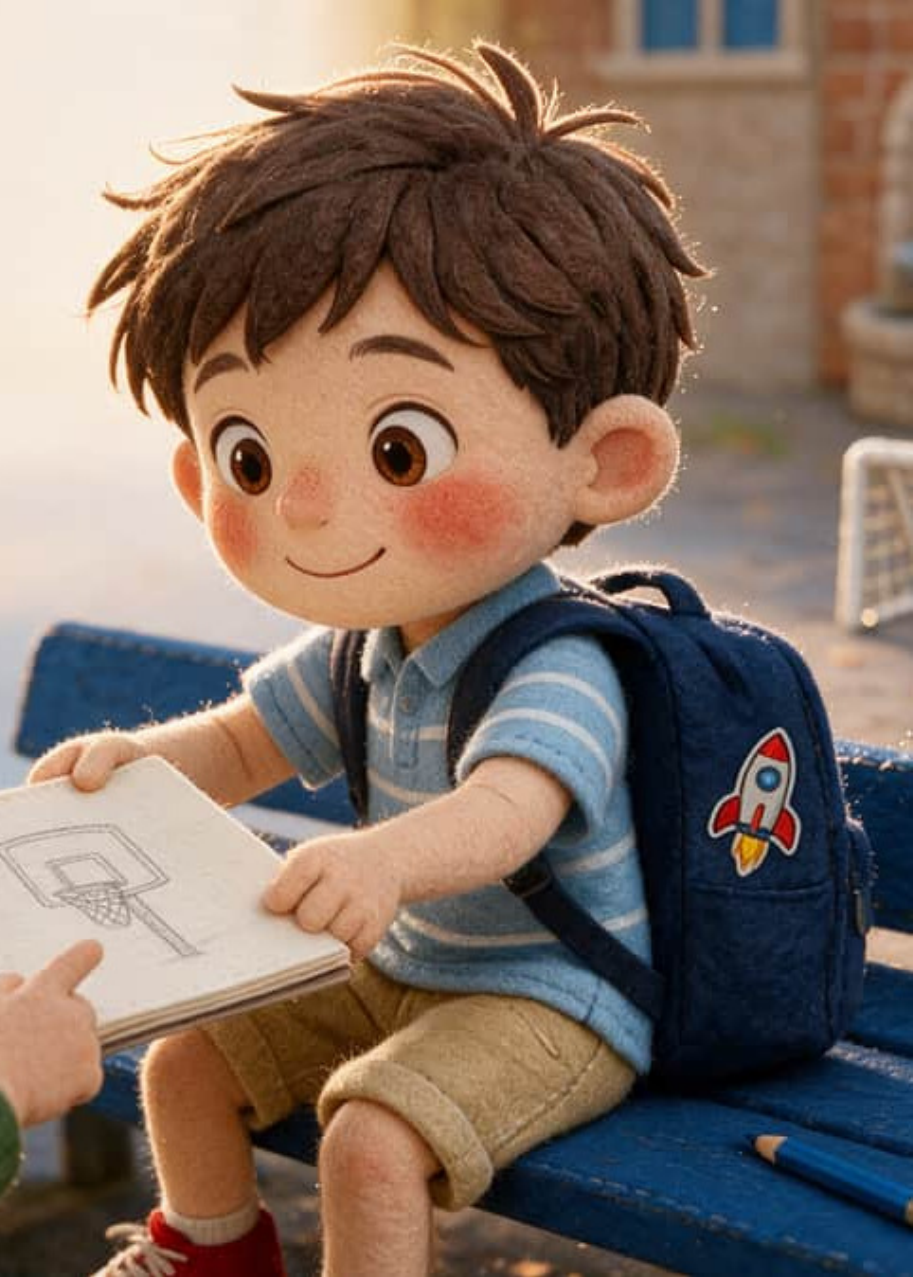 Un compañero de clase se asoma con curiosidad al cuaderno de dibujo de Marco en el patio del colegio