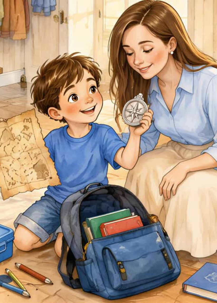 Fabio, sentado en el suelo junto a su mochila azul, sostiene una brújula y un mapa antiguo mientras Eva lo mira sonriendo