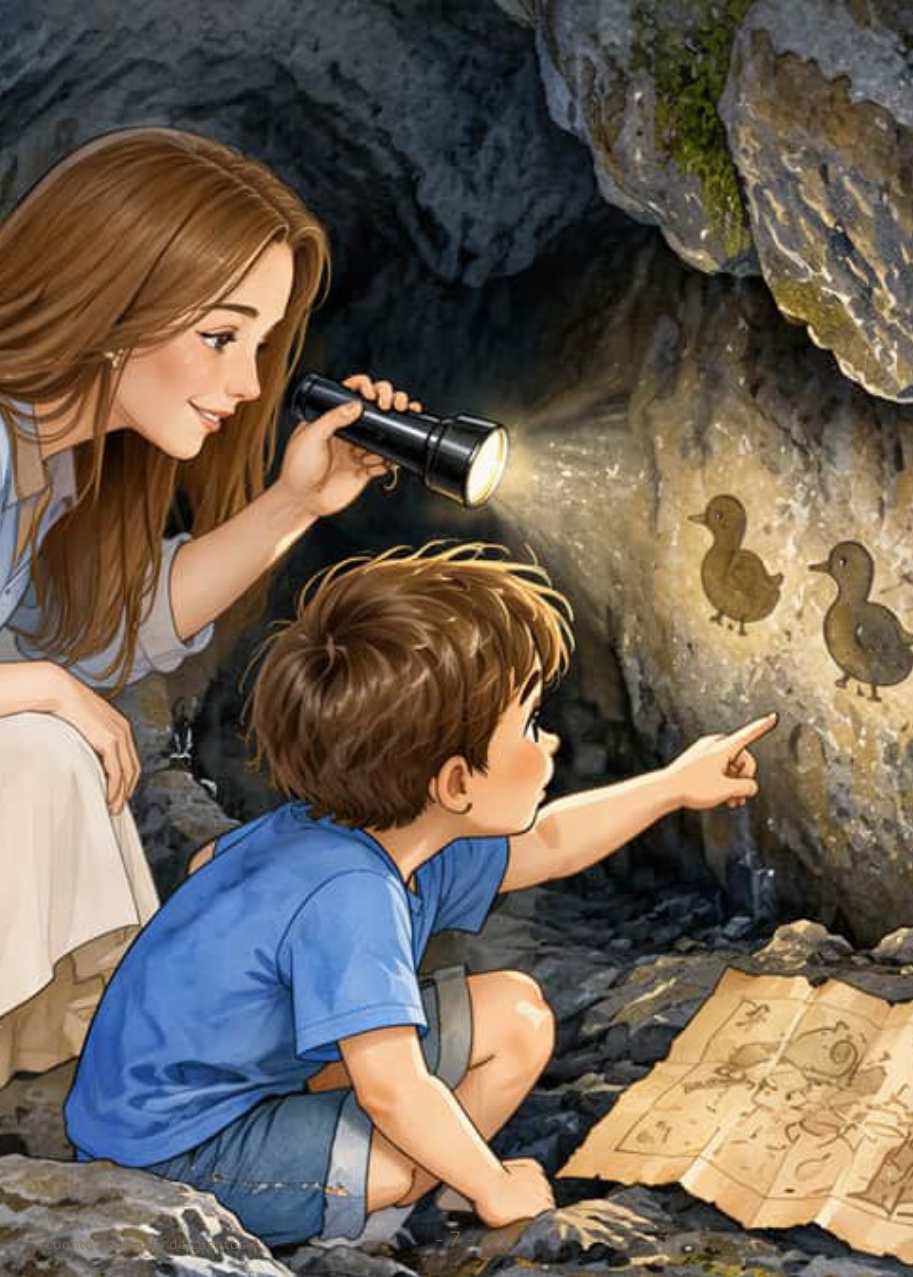 Fabio señala unas marcas con forma de pato en la pared de roca mientras Eva ilumina la entrada de la cueva con una linterna