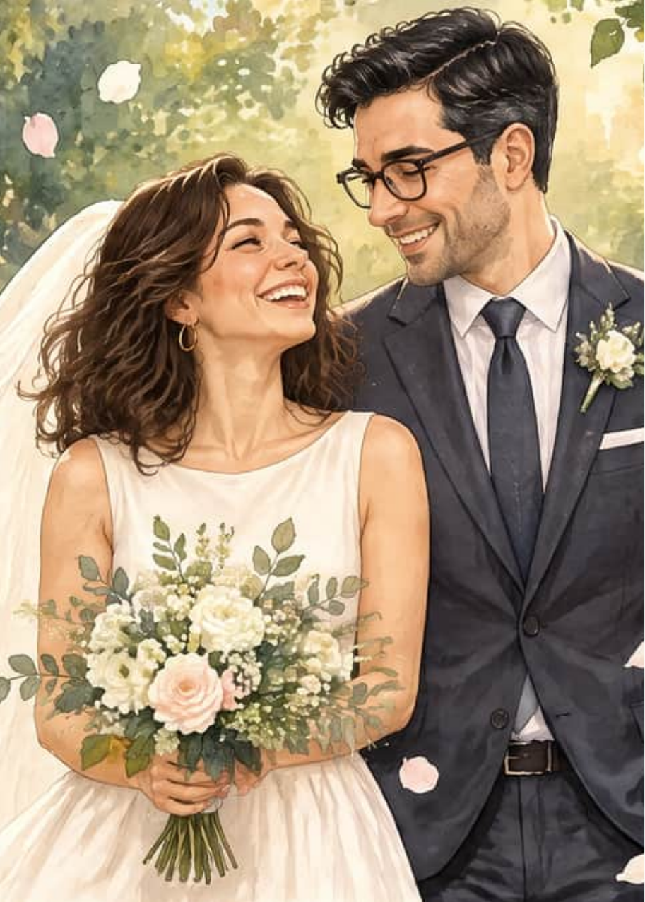 Marta et Javier rient le jour de leur mariage, en 2001, pendant qu’une rafale soulève le voile et fait voler des pétales