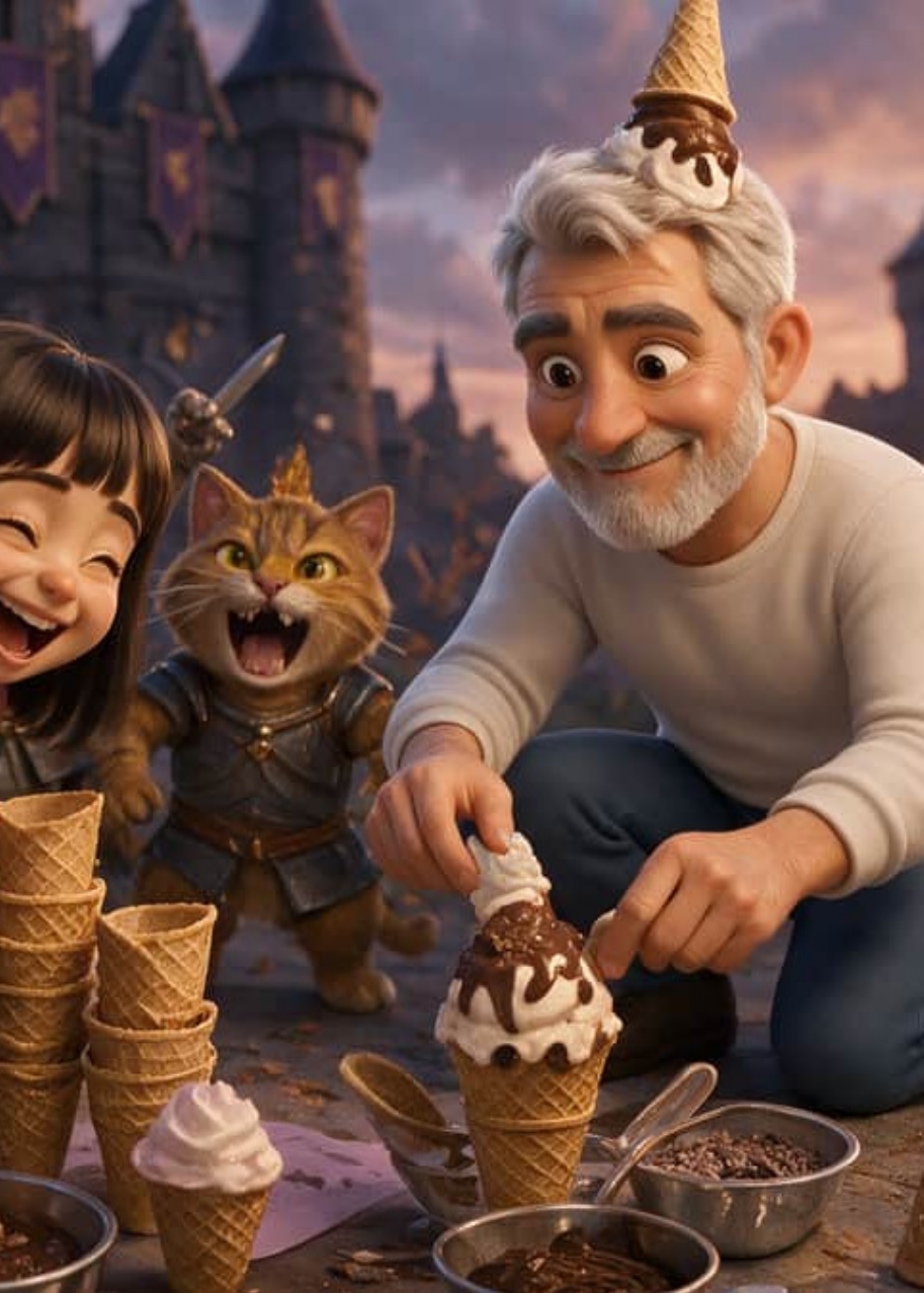 El abuelo Veni rellena de nata y chocolate un cucurucho mientras Victoria se ríe junto a un gato guerrero con armadura frente al castillo