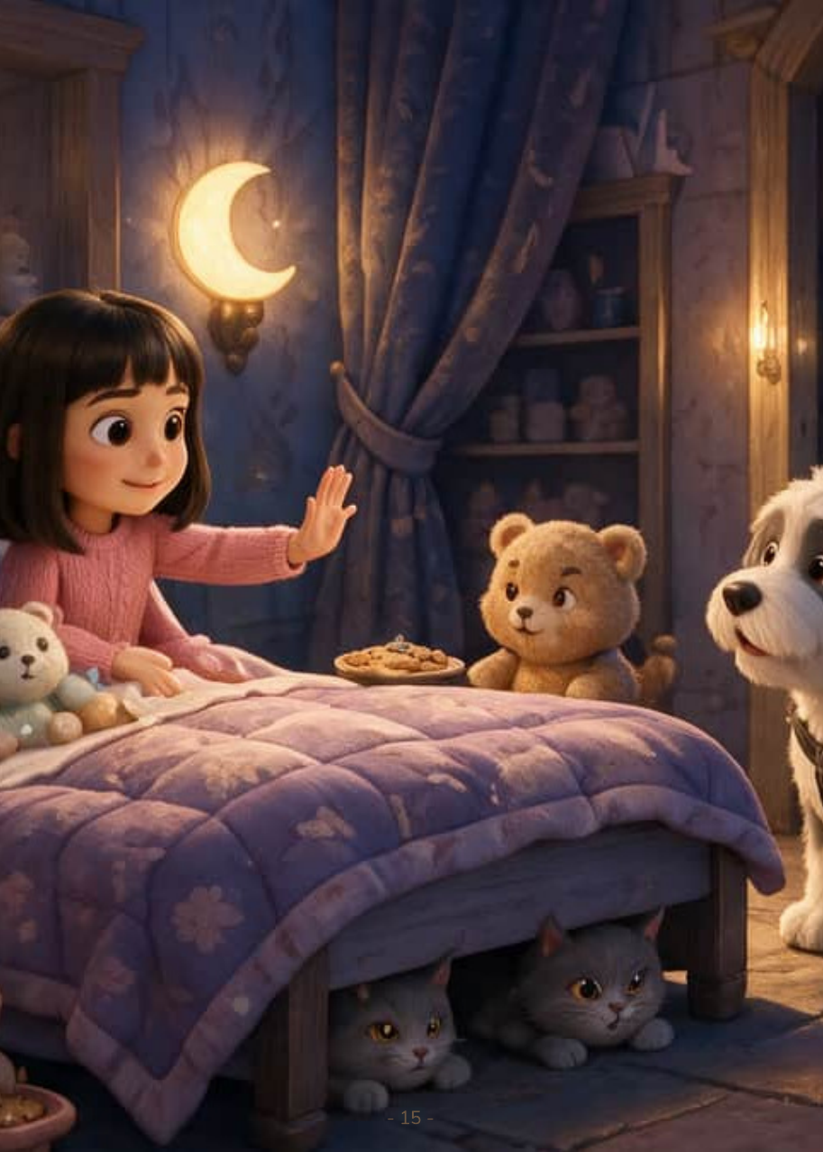Victoria se despide de Endor desde la cama de una habitación del castillo iluminada por una lámpara con forma de luna, con sus peluches y un plato de galletas