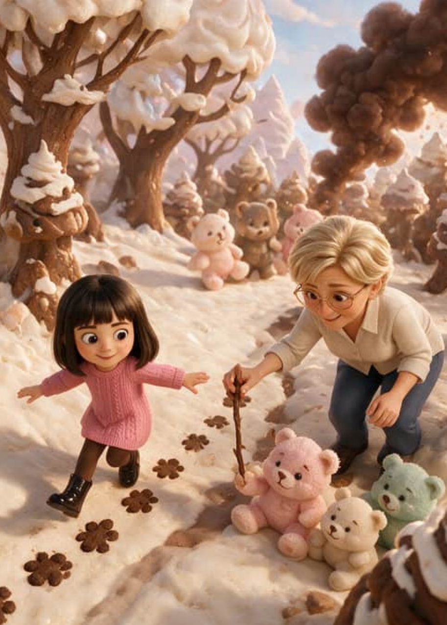 Victoria y su abuela Lola hacen cosquillas con una ramita a los osos pastelosos entre árboles de chocolate y nata del Bosque de Merengue