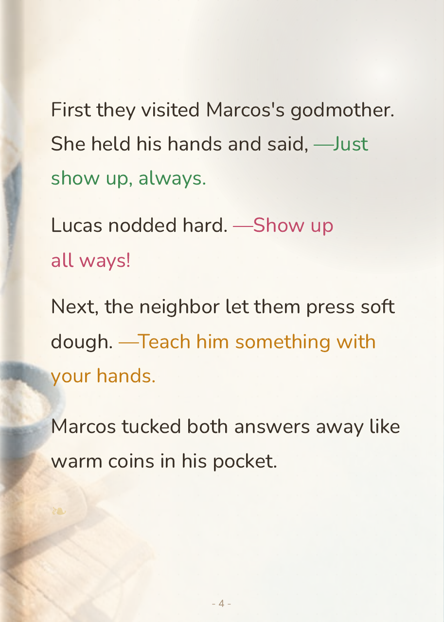Lucas's grandmother opening an old book beside Marcos and Lucas
