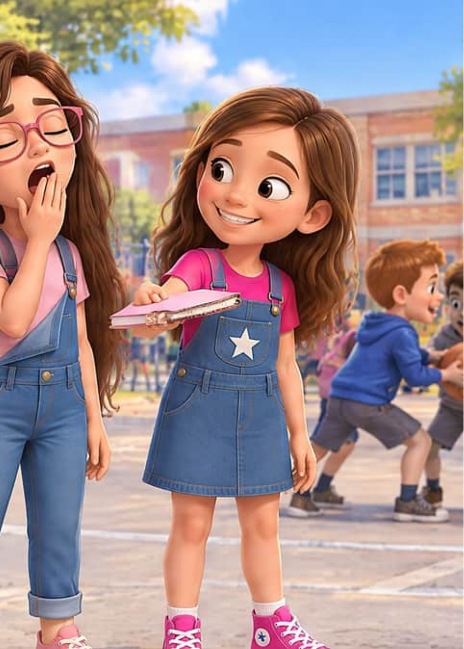Sienna bosteza en el patio del colegio mientras Nicole, sonriente, le ofrece su cuaderno rosa como almohada