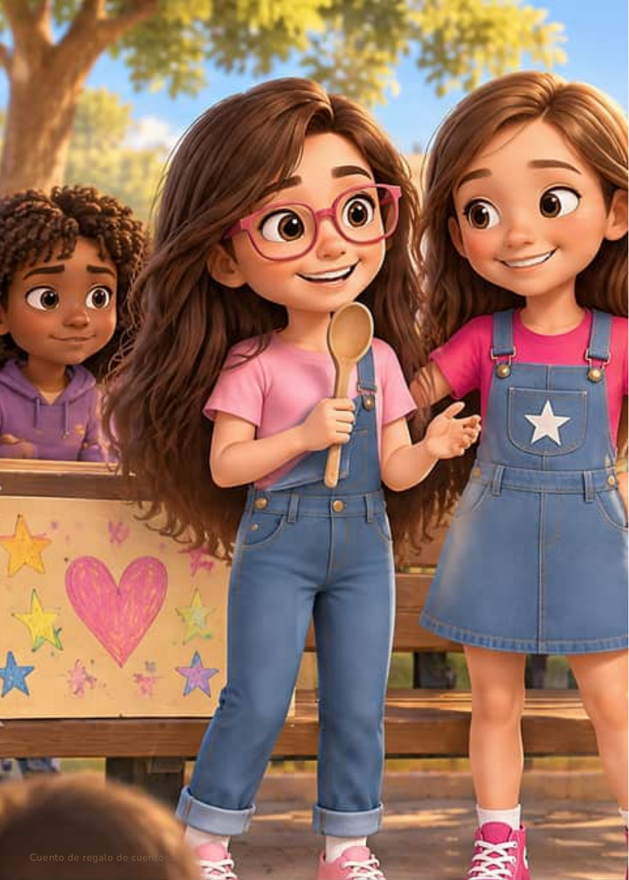 Sienna sostiene una cuchara de madera junto al cartel del banco mientras Nicole sonríe a su lado y un compañero escucha