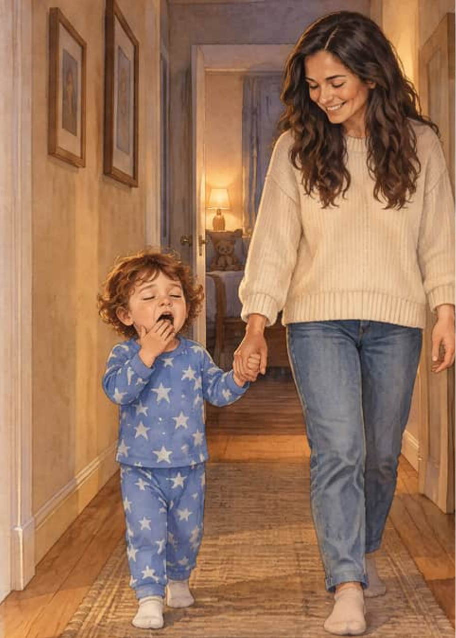 Hugo bosteza mientras camina por el pasillo de casa de la mano de su mamá, camino de la cama