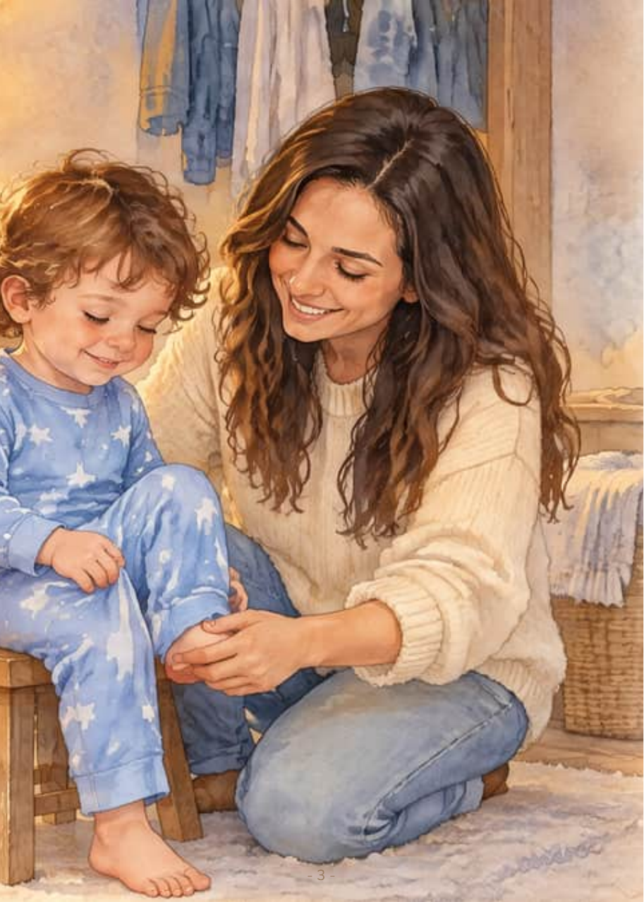 Hugo, con su pijama azul de estrellas, sentado en un taburete mientras su mamá le ayuda a meter los pies en el pantalón