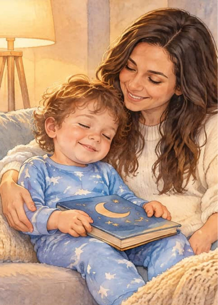 Hugo, acurrucado junto a su mamá en el sofá, sujeta un libro con una luna en la portada