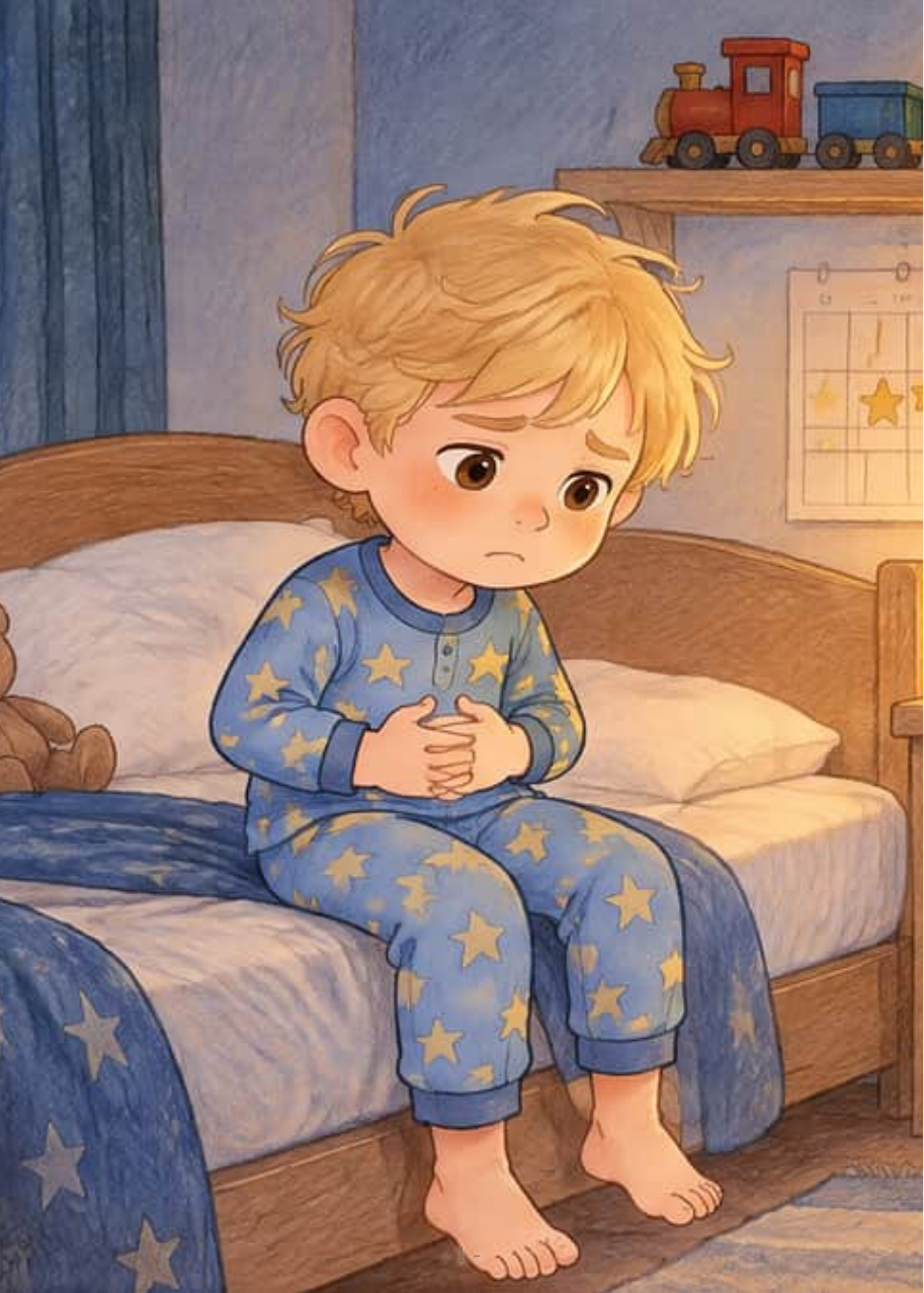 Lucas, a blond toddler in star pajamas, sitting on the edge of his bed at bedtime with his hands on his tummy and a little toy train on the shelf above him