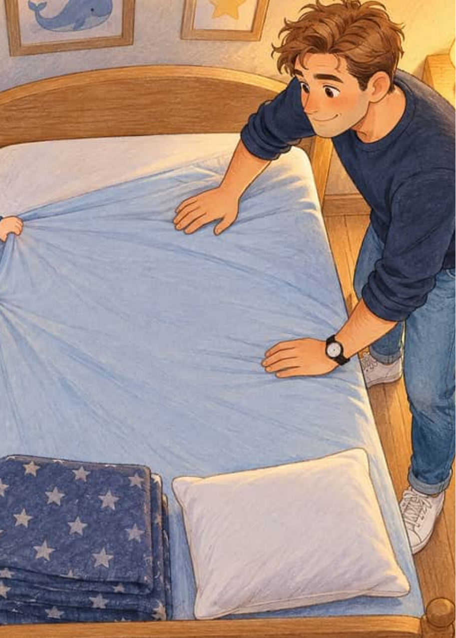 Papá smoothing the waterproof sheet over Lucas's bed while Lucas holds a corner of it and grins
