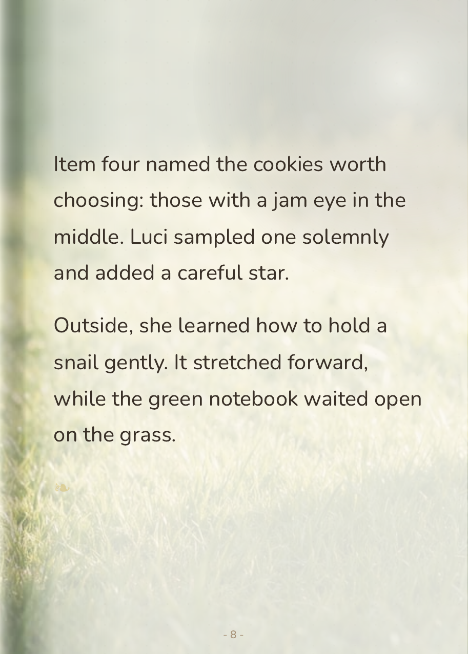 Luci writing new items in her green notebook by flashlight beneath her blankets