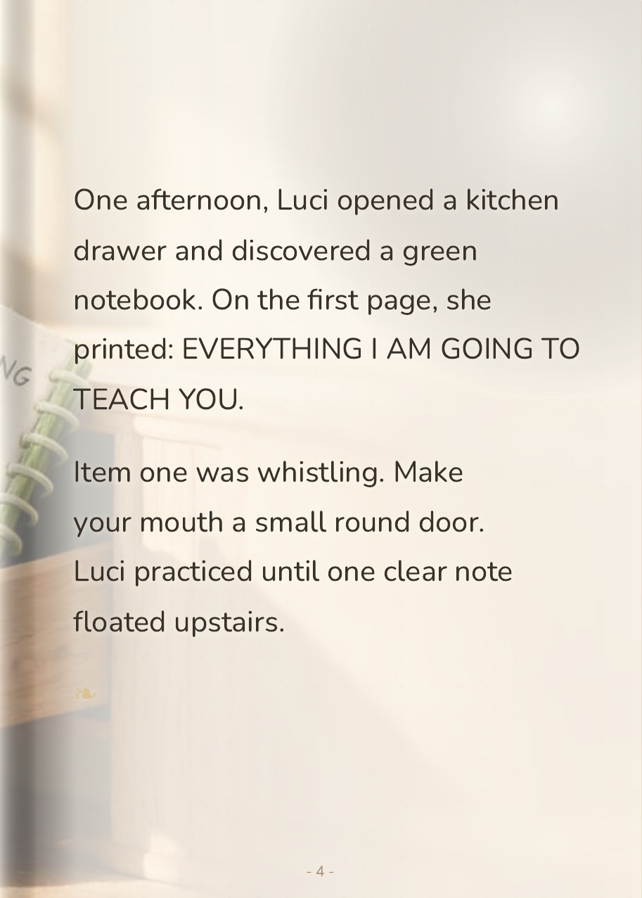 Luci testing the creaking stairs with her green notebook tucked nearby