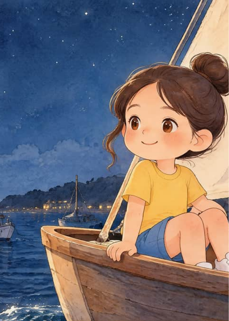 Valentina, in a yellow T-shirt with her hair in a bun, sits in her little wooden sailboat on the moonlit sea and smiles up at the night sky.